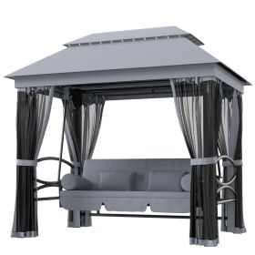 3-Seat Patio Swing Chair with Double Tier Canopy, Porch Swing Chair with Stand, Mesh Sidewalls, Cushioned Seat and Pillows, Gray